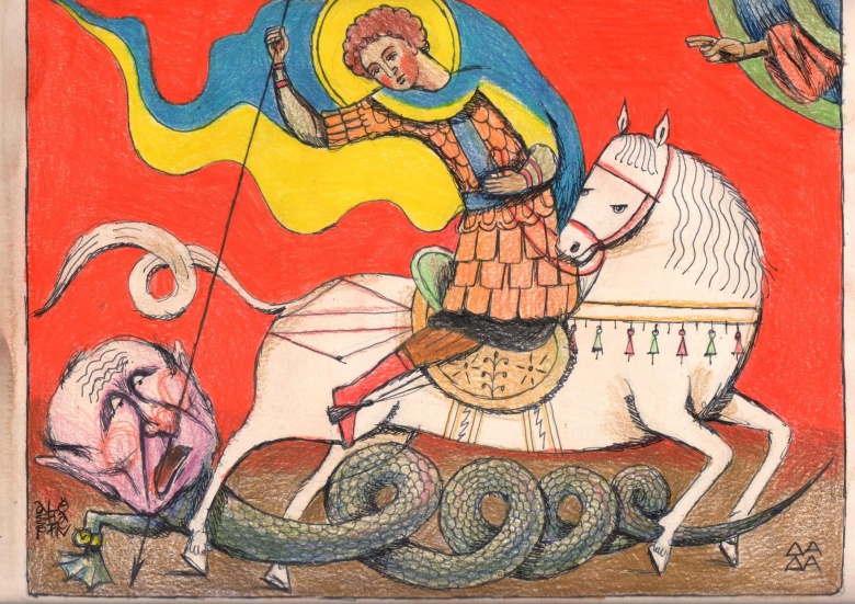 Образ Георгия Победоносца часто используется в карикатурах художника