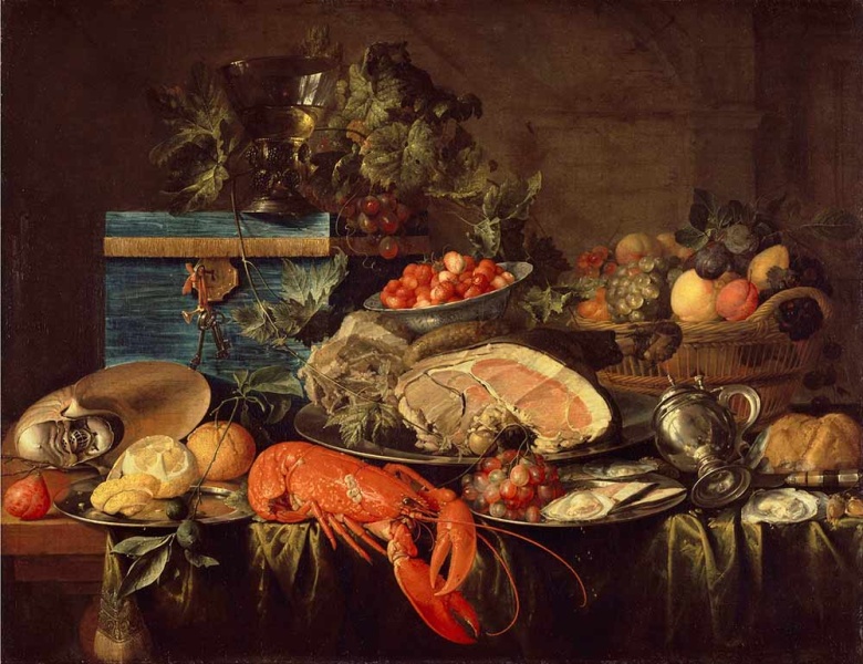 Ян Давидс де Хем. Натюрморт с ветчиной, омаром и фруктами. Около 1660. Амстердам, Рейксмузеум.