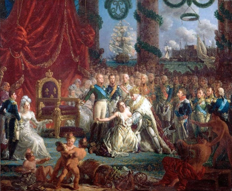 Аллегория реставрации Бурбонов 24 апреля 1814 года: Людовик XVIII поднимает Францию из руин. Картина Луи-Филиппа Крепена