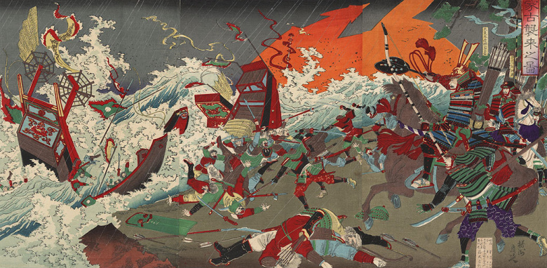 «Божественный ветер» уничтожает монгольский флот вторжения. Гравюра Тоёхары Тиканобу (1838–1912)