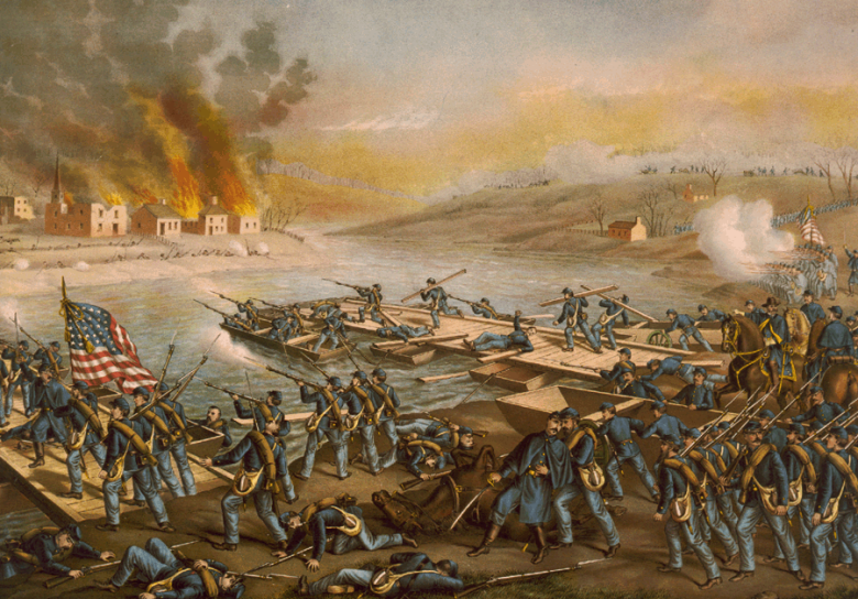 Солдаты армии США переправляются через реку Раппаханнок, 11 декабря 1862 года