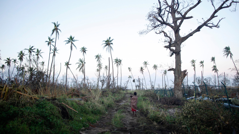 Женщина с ребенком проходит мимо поваленных деревьев на Вануату.