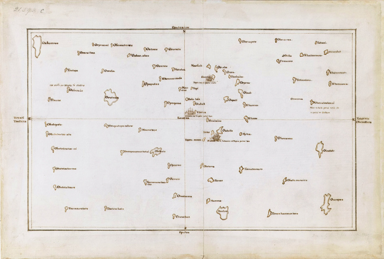 Карта южной части Тихого океана, которую гавайский навигатор Тупайя составил в 1760-х годах по просьбе капитана Джеймса Кука. Ученые до сих пор не понимают систему, которой руководствовался Тупайя, указывая местоположение островов, однако это не мешало полинезийским мореплавателями безошибочно прокладывать маршруты на многие тысячи морских миль в открытом океане.