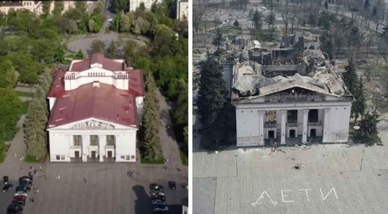 Драмтеатр в Мариуполе (до и после взрыва)