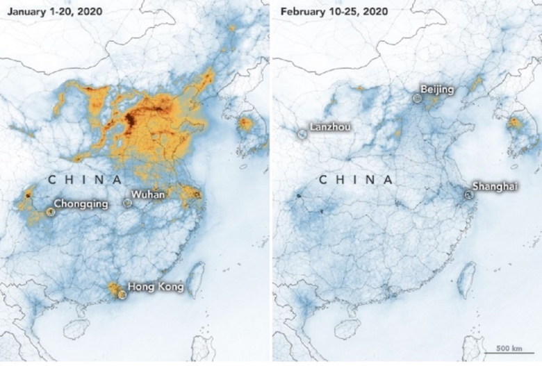 Снижение уровня загрязнения воздуха над Китаем с начала эпидемии коронавируса. Фото:  NASA