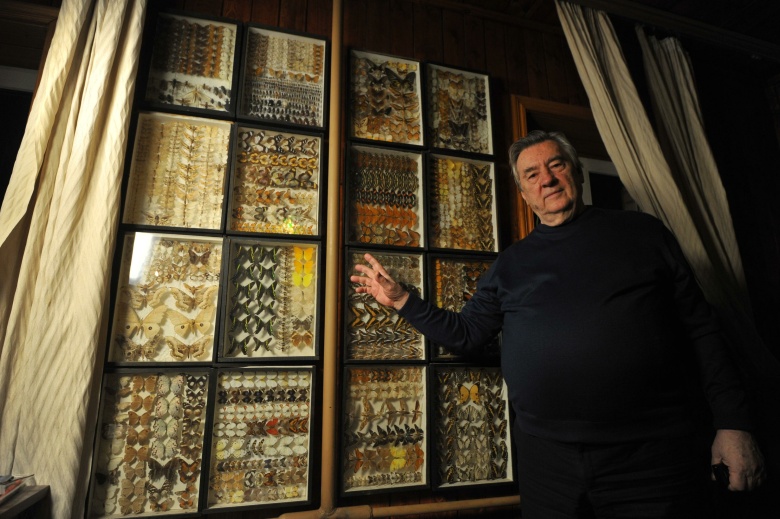Писатель Александр Проханов в своем загородном доме демонстрирует энтомологическую коллекцию, 2013 год