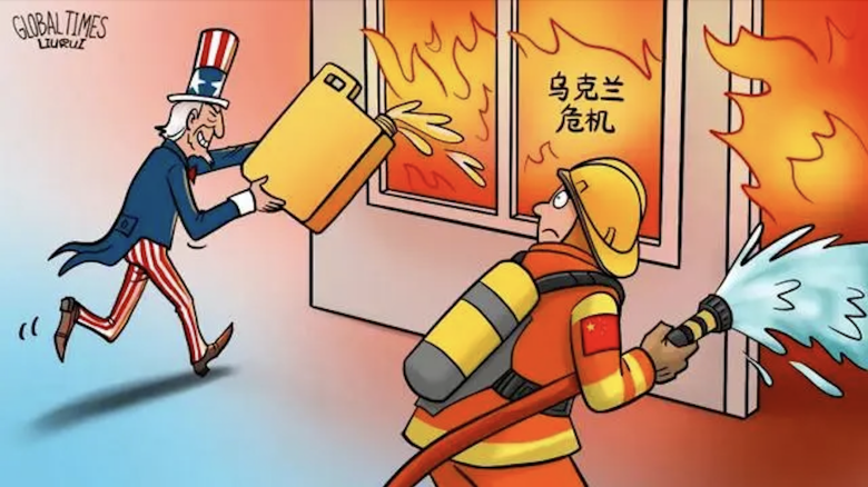 Так видят в Пекине роль Вашингтона в "украинском кризисе". "Пожарником", судя по повязке на рукаве, выступает Пекин.