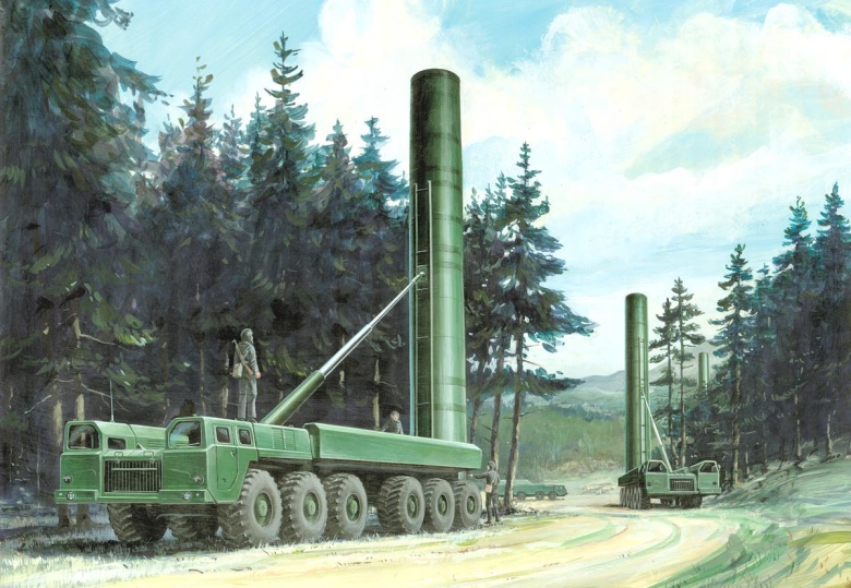 Пусковые установки советских баллистических ракет РСД-10 (по классификации НАТО — SS-20 Saber). Иллюстрация Эдварда Купера из отчета Разведывательного управления Министерства обороны США ‘Soviet Military Power 1985’