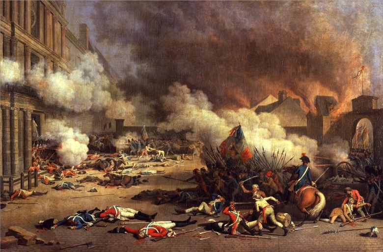 Взятие Тюильри: революционеры под республиканским триколором 10 августа 1792 года идут на штурм королевского дворца