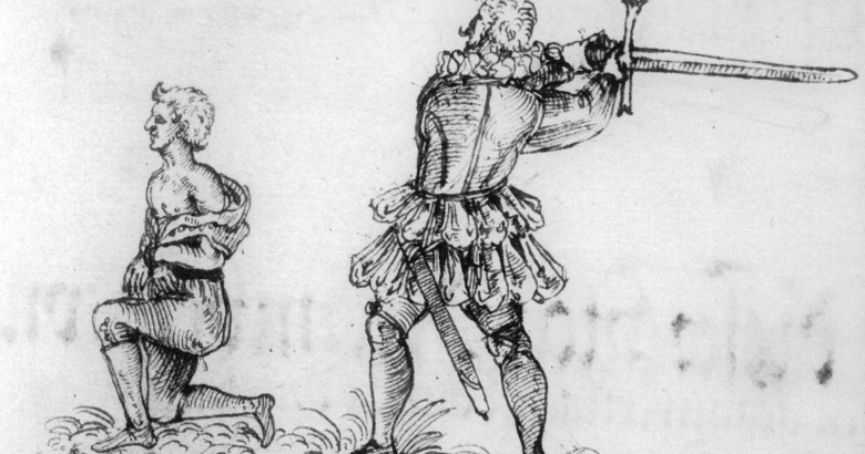 При исполнении: Франц Шмидт совершает публичную казнь (рисунок с натуры на полях судебного протокола, 1591)