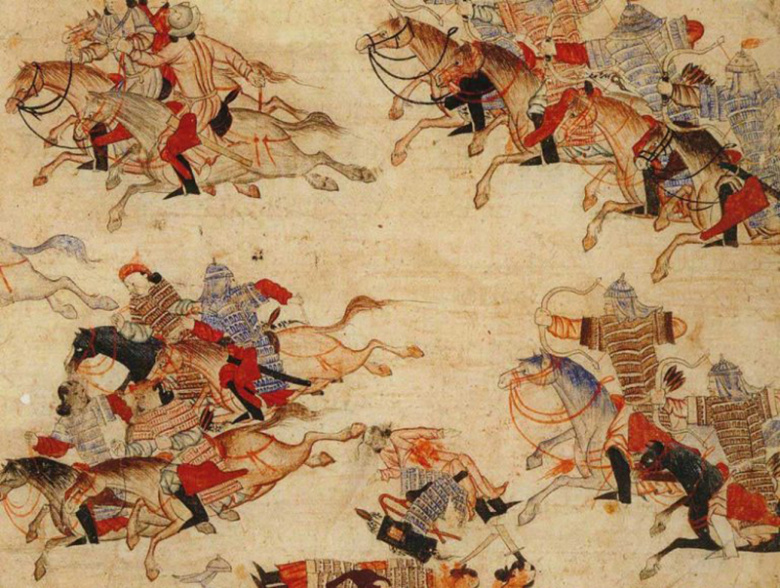 Монгольские воины преследуют побежденного врага. Средневековая персидская миниатюра