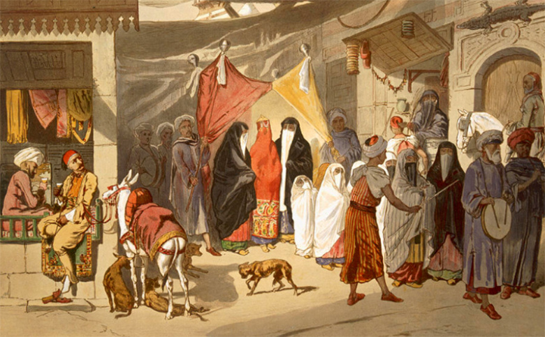 Арабская свадебная процессия в Каире. Французская цветная литография, 1860