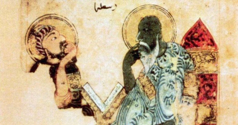 Аль-Кинди беседует с Аристотелем. Аллегорическое представление из средневекового арабского манускрипта.