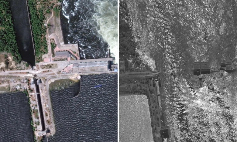 Плотина Каховской ГЭС до и после разрушения